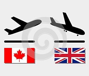 icons plane departure from Canada and upon arrival in UK. aircraft with flags of different countries. concept of international