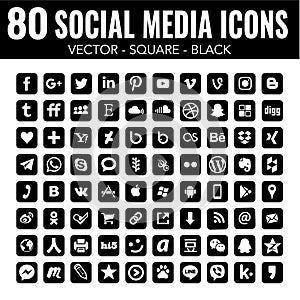 80 Vector Square black Social Media Icons with rounded corners for graphic design and web design