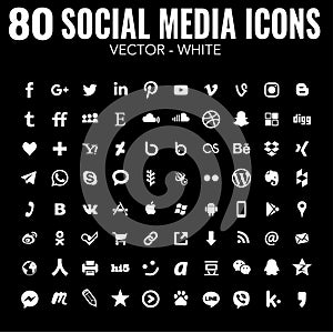 80 flat Vector simple social media icons - white - for web design and graphic design