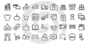 Icons related with commerce, shops, shopping malls, retail.