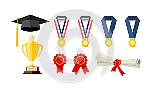 Icons related to graduation of toga hat education, certificates, medals and trophies