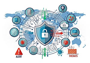 Icons represent threats and security elements: servers, viruses,
