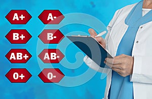 Icons representing blood types and doctor with clipboard on turquoise background, closeup
