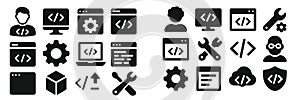 Icons representing programming, coding, and technology concepts in a digital design layout