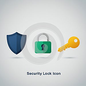 Icons representing security elements on a white background. A dark blue shield