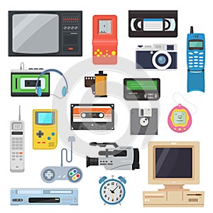 Icons of retro gadgets of the 90`s in a flat style