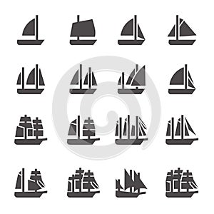 Icons of sailing ships in glyph style
