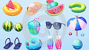 Icons of the sea beach on a summer day, with drinks, ice cream, umbrellas, umbrella balls and watermelon. Cute