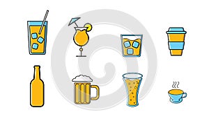Icons set of alcoholic and non-alcoholic drinks bottles and mugs of tea coffee beer cocktails and whiskey vodka with ice