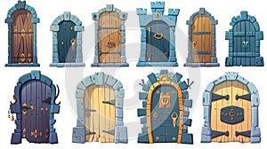 Icons set for ancient doors, cartoon medieval castle wooden entryways with stone door jambs. Fairytale palace vintage