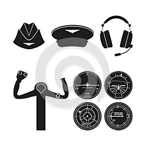 Icons set of aviation. Drawing with silhouettes. Aircraft command objects