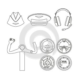 Icons set of aviation. Outline drawing. Aircraft command objects