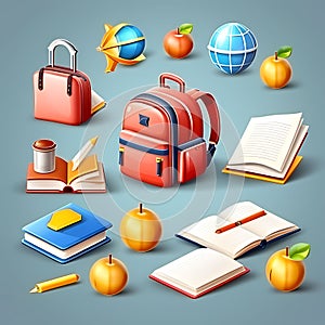 icons set for back-to-school learning and online education banners - school bag, notebook, writing tools, and more, creating a