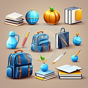 icons set for back-to-school learning and online education banners - school bag, notebook, writing tools, and more, creating a