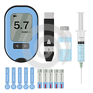 Icons Set with blood glucose meter insulin pen syringe isolated vector illustration