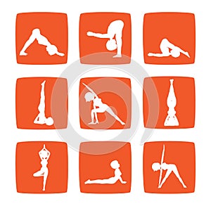 Icons set of cartoon girl practicing yoga