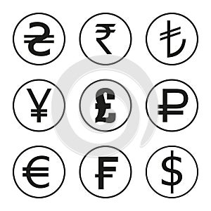 Icons set of currencies of the world. Dollar, euro, pounds, francs, rupees, yen photo