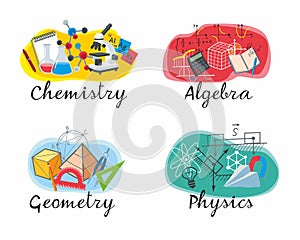 Icons set of educational disciplines. Chemistry, Algebra, Geometry, Physics for