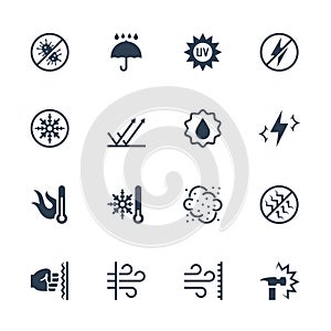 Icons set of external influence and protection from it. Antibacterial, water, heat, cold, dust, impact etc