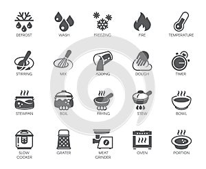 Icons set of household appliances, utensils and labels on culinary theme in flat style. Vector collection