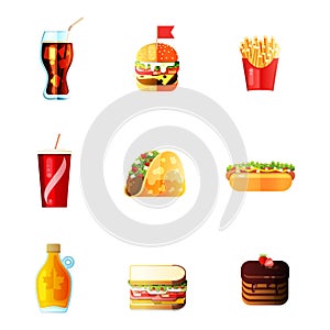 Icons Set lunch Hot Dog French Fries Soda