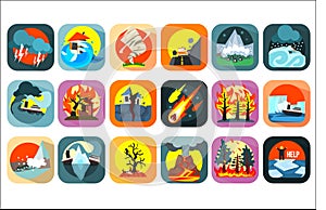 Icons set of natural disaster, catastrophe and crisis situations. Forest fire, asteroid, storm, hurricane, snow