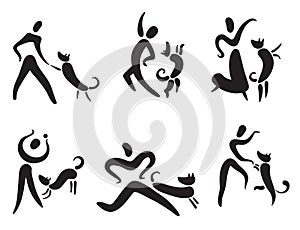 Icons set with people and dogs. Pictogram for partnership of ani