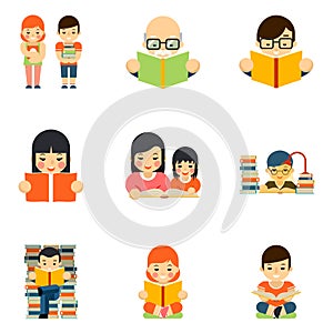 Icons set of people reading book in flat style