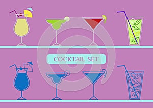 Icons set with pinacolada, margarita, cosmopolitan and mojito cocktails.