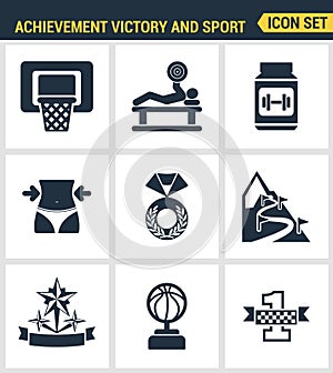 Icons set premium quality of achiement victory sport icon set champion first place. Modern pictogram collection flat design style