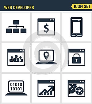 Icons set premium quality of adaptive website customization, web develop process.