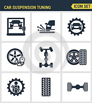 Icons set premium quality of car suspension tuning transport mechanic garage repair. Modern pictogram collection flat design style