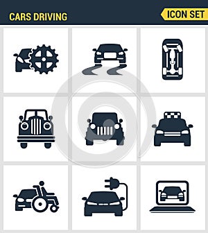 Icons set premium quality of cars driving transportation transport car automobile. Modern pictogram collection flat