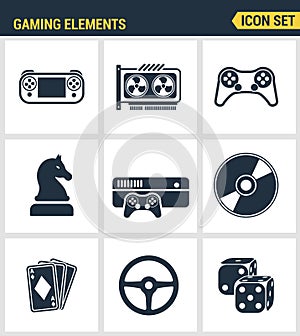 Icons set premium quality of classic game objects, mobile gaming elements. Modern pictogram collection flat design style