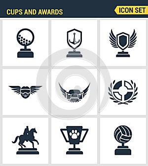Icons set premium quality of cups and awards prize victory set award champ trophy. Modern pictogram collection flat design style