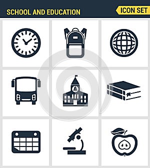 Icons set of premium quality of elementary school objects and education items, learning symbol and student equipment
