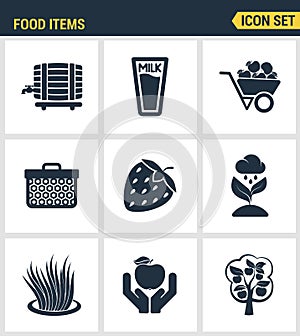 Icons set premium quality of food Items business industry farm products plant fruit. Modern pictogram collection flat design style