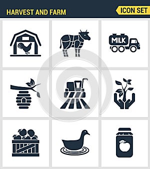 Icons set premium quality of harvest and farm agriculture agronomy business. Modern pictogram collection flat design