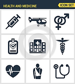 Icons set premium quality of healthcare professionals and medical equipment. Modern pictogram collection flat design