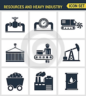 Icons set premium quality of heavy industry, power plant, mining resources. Modern pictogram collection flat design style symbol