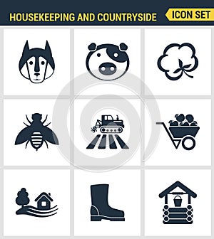 Icons set premium quality of housekeeping and countryside industry agronomy agriculture. Modern pictogram collection flat design