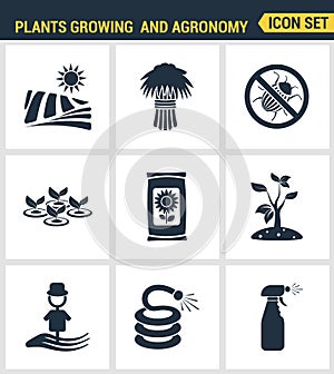 Icons set premium quality of plants growing and agronomy farming farmer bio stem. Modern pictogram collection flat