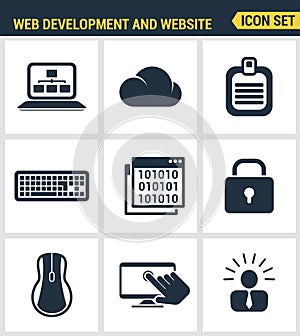 Icons set premium quality of web development and website programming process, webpage coding and user interface creating