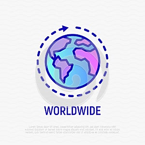 Worlwide shipping thin line icon: globe with arrow. Modern vector illustration for delivery service or logistic company photo