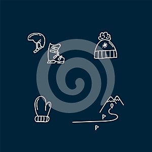 Icons set Skiing. Winter sports in linear. Pictographs of a skier with accessories and clothing for sports.