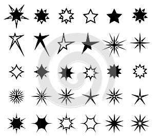 Icons set  sparkling stars and sparks. Fireworks lighting effects, bright flashes and explosions