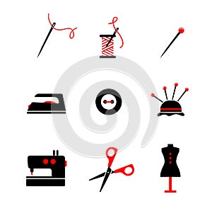 Icons set for tailor. needle with spool thread, iron, scissors,. Vector Sewing