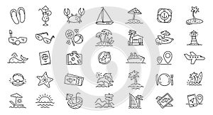 Icons set tourism. Vacation travel and recreation. Sea beach and attractions. Vector line icon.