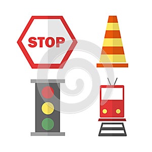 Icons set about Transportation. with train, stop sign, cone and traffic light