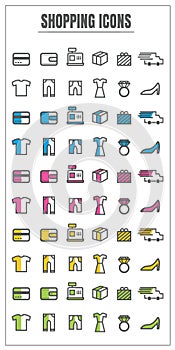 Icons shopping color blck blue pink Yellow green vector on white